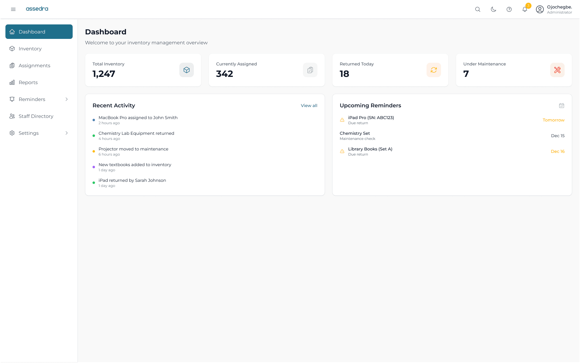 Assedra Main Dashboard